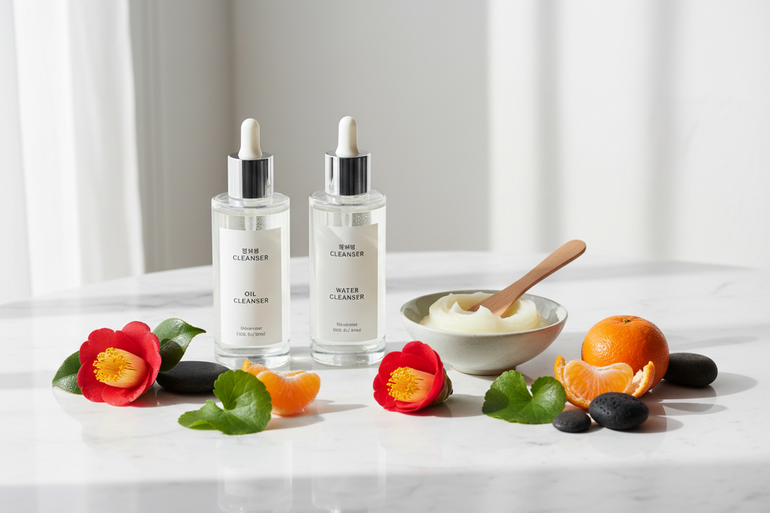 Jeju Bloom double cleansing ritual with natural Korean skincare ingredients - camellia oil cleanser and low-pH face wash