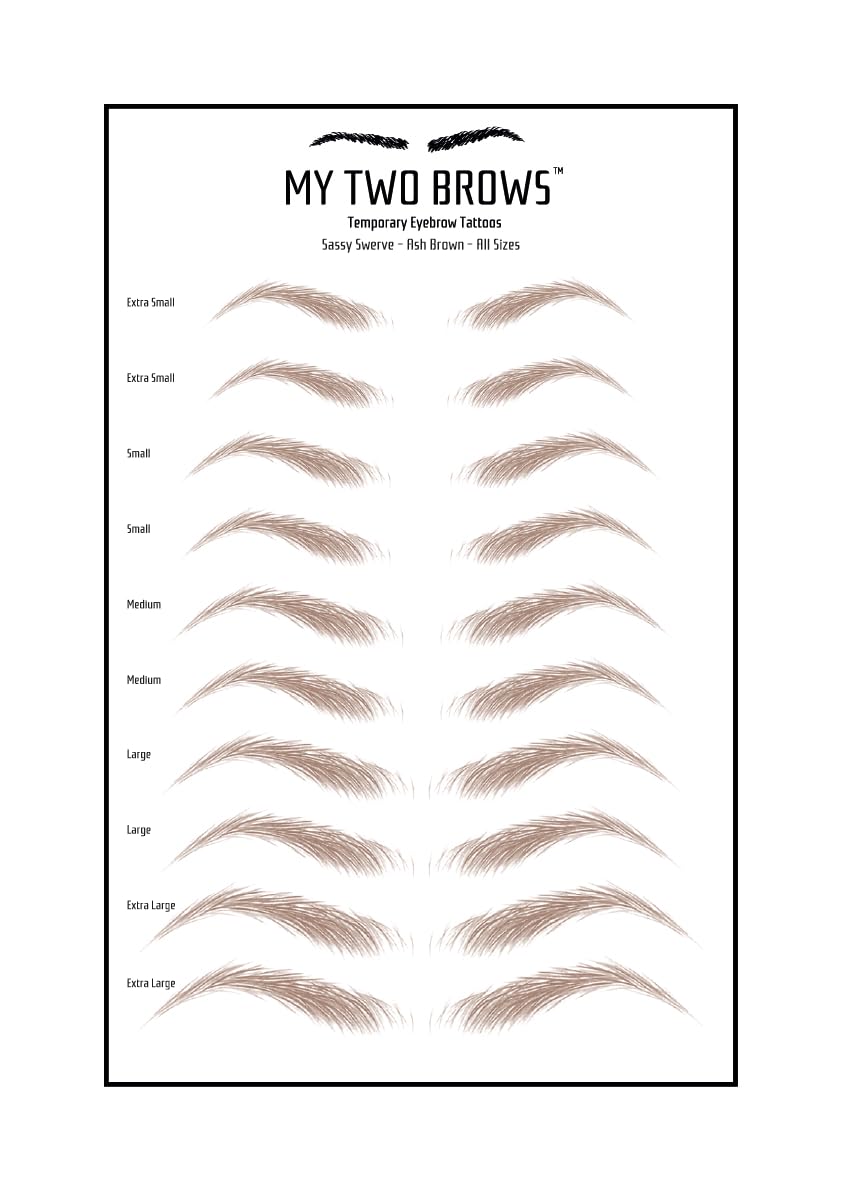 (10 pairs) Ash Brown Temporary Eyebrow Tattoo - Medium Size - Waterproof & Smudgeproof - Sassy Swerve Style Eyebrow Stickers - Sheet Lasts up to 30 Days - Won't Work on Existing Brows